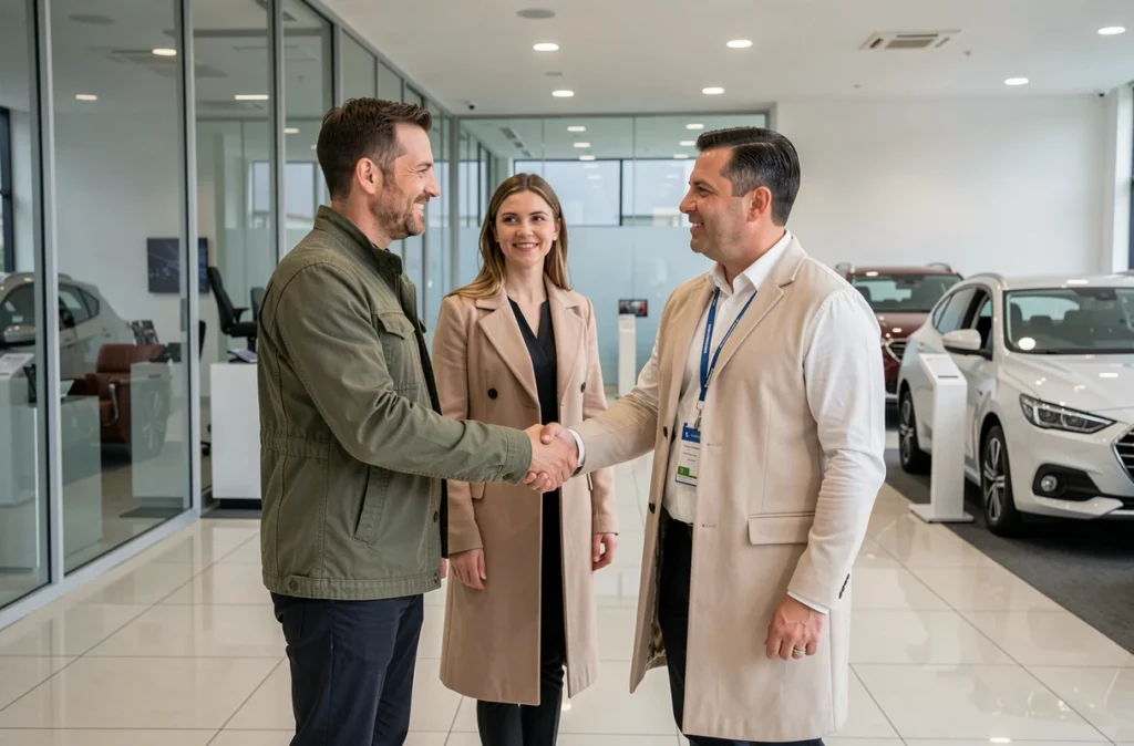Couple signant un accord avec un conseiller dans une agence automobile professionnelle pour l'achat d'un véhicule d'occasion