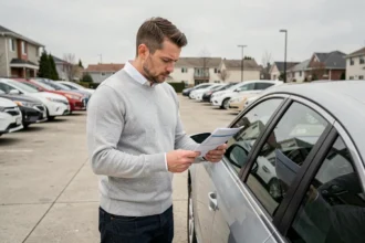 Acheteur de voiture d'occasion inspectant les documents d'un véhicule dans un parking de concessionnaire automobile