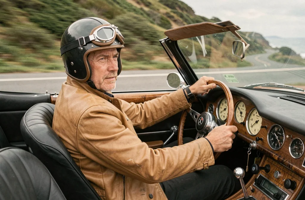 Conducteur en veste en cuir au volant d'une BMW 507 en mouvement sur une route côtière, tableau de bord vintage visible
