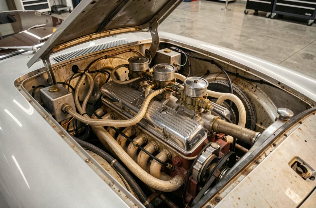 Moteur V8 de la BMW 507 restaurée, compartiment moteur ouvert montrant les carburateurs Zenith et le bloc aluminium