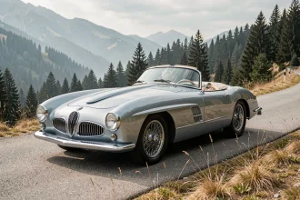 BMW 507 roadster argent garé sur une route de montagne bavaroise, vue de profil avec forêt de pins en arrière-plan