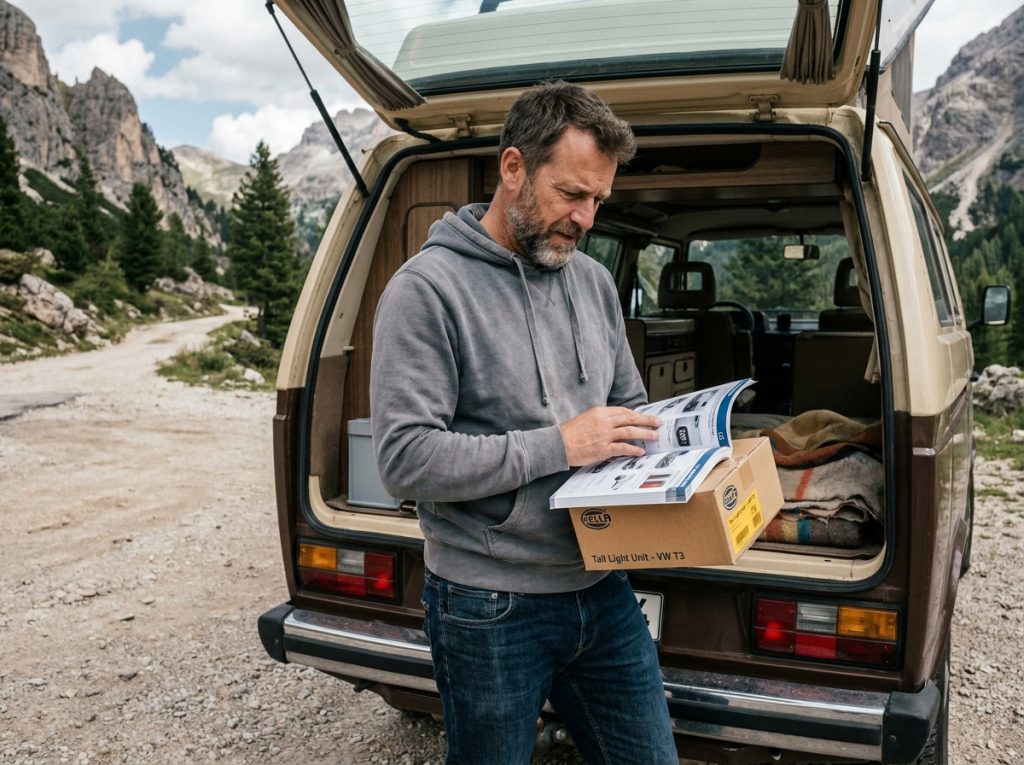 Passionné de Volkswagen Transporter T3 comparant des feux arrière de remplacement en montagne