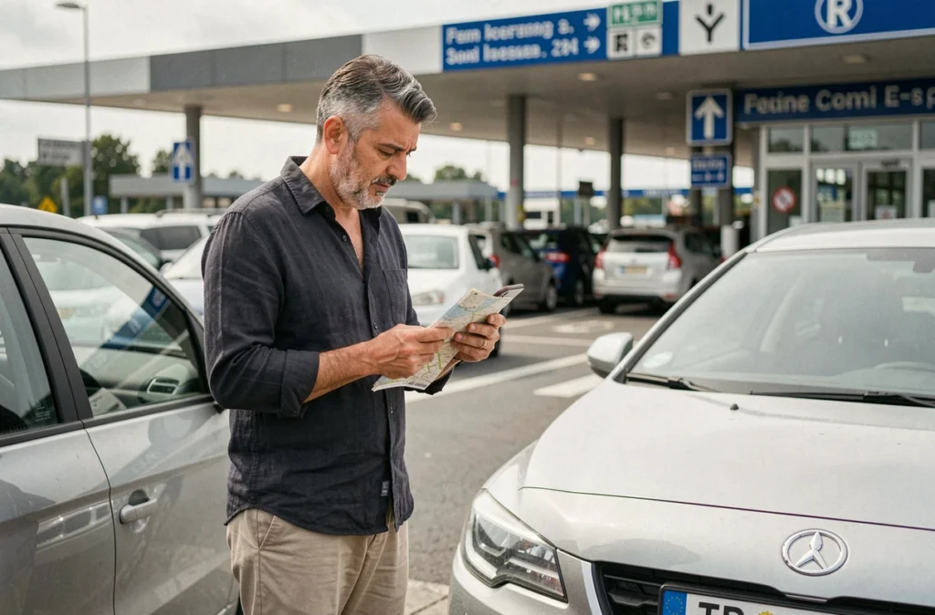 Conducteur de nationalité turque consulte son téléphone à une aire d'autoroute française à côté de son véhicule immatriculé en Turquie