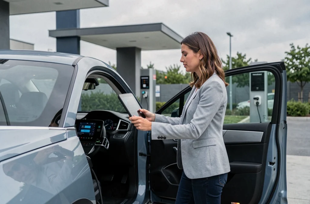 Conductrice consultant l'écran de bord d'un SUV hybride à une station de recharge urbaine moderne