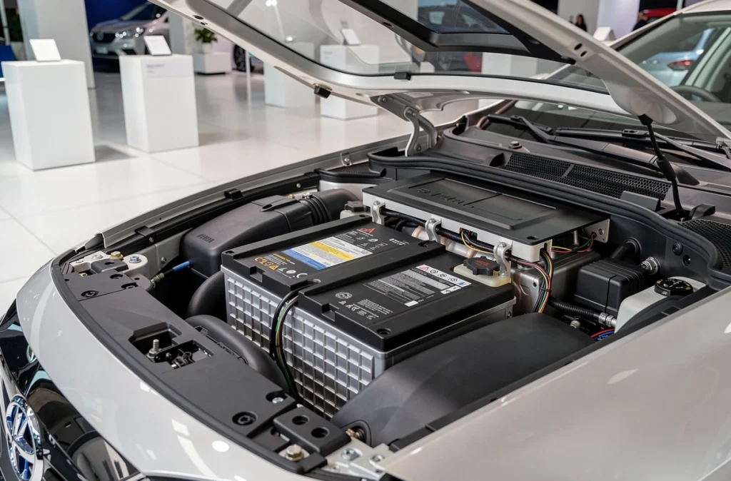 Détail du système de freinage régénératif et du module de gestion de batterie d'un véhicule hybride exposé en showroom