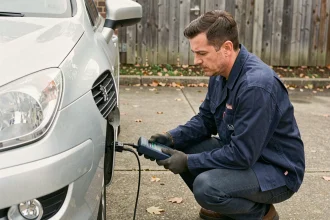 Homme utilisant un scanner OBD2 pour diagnostiquer le code P1445 sur une Peugeot dans une allée résidentielle