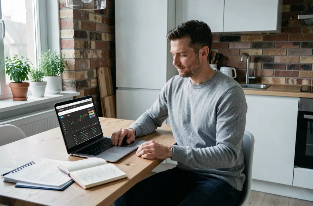 Entrepreneur travaillant depuis chez lui sur l'évaluation d'un site web ancien pour un potentiel investissement numérique en 2026