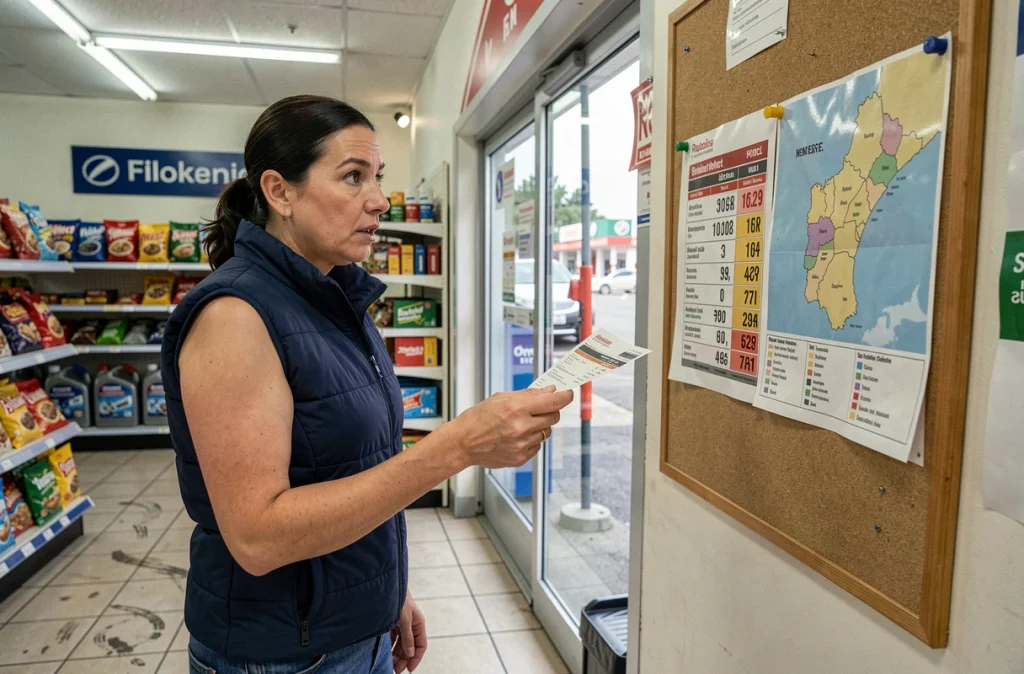 Femme consultant une carte de comparaison des prix du carburant E85 selon les régions dans une station-service française