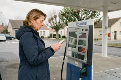 Femme comparant les prix de l'essence sur son smartphone dans une station-service proche de Roanne