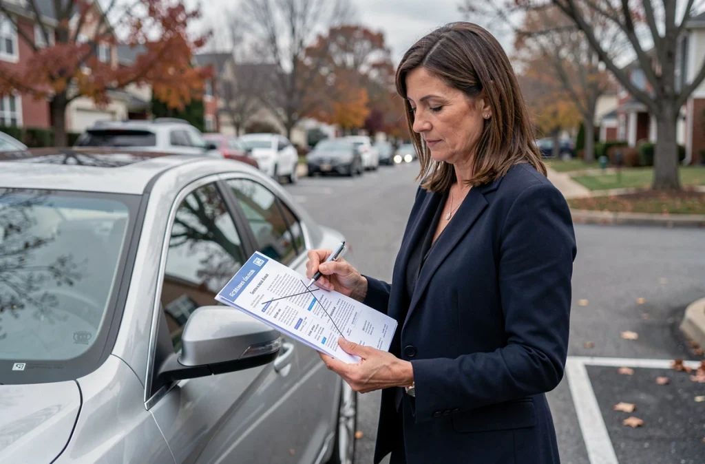 Femme rayant la carte grise de sa voiture dans un parking résidentiel lors de la vente du véhicule