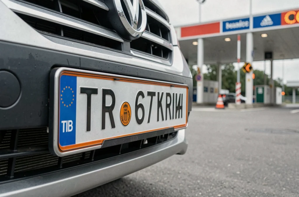 Gros plan sur une plaque d'immatriculation turque TR à un péage en France avec la barrière de péage en arrière-plan flou