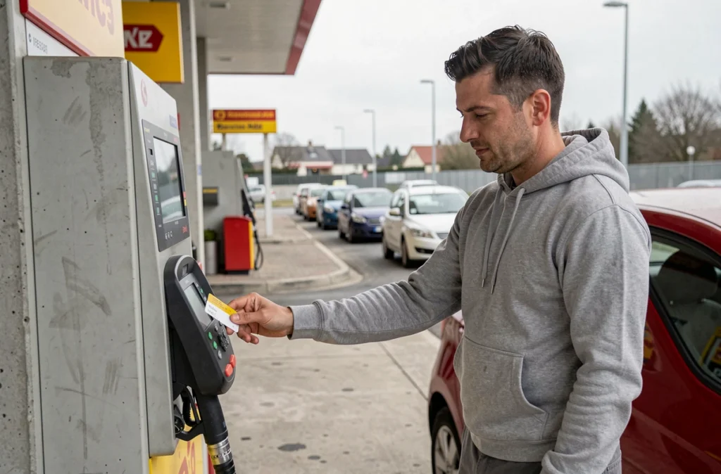 Homme utilisant une carte de fidélité pour payer l'essence moins cher dans une station discount près de Roanne