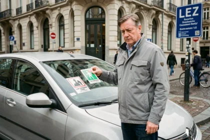 Homme consultant un autocollant de zone de basse émission sur sa voiture garée dans une rue pavée de Bruxelles