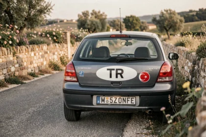 Plaque d'immatriculation turque TR visible sur une voiture garée au bord d'une route française en Provence