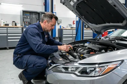 Ingénieur automobile inspectant le groupe motopropulseur d'une voiture hybride dans un atelier professionnel en 2026