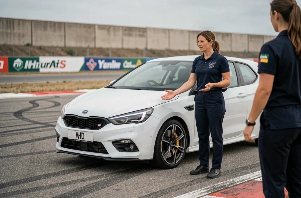Instructrice de stage de pilotage expliquant les erreurs à éviter à côté d'une voiture de sport sur circuit