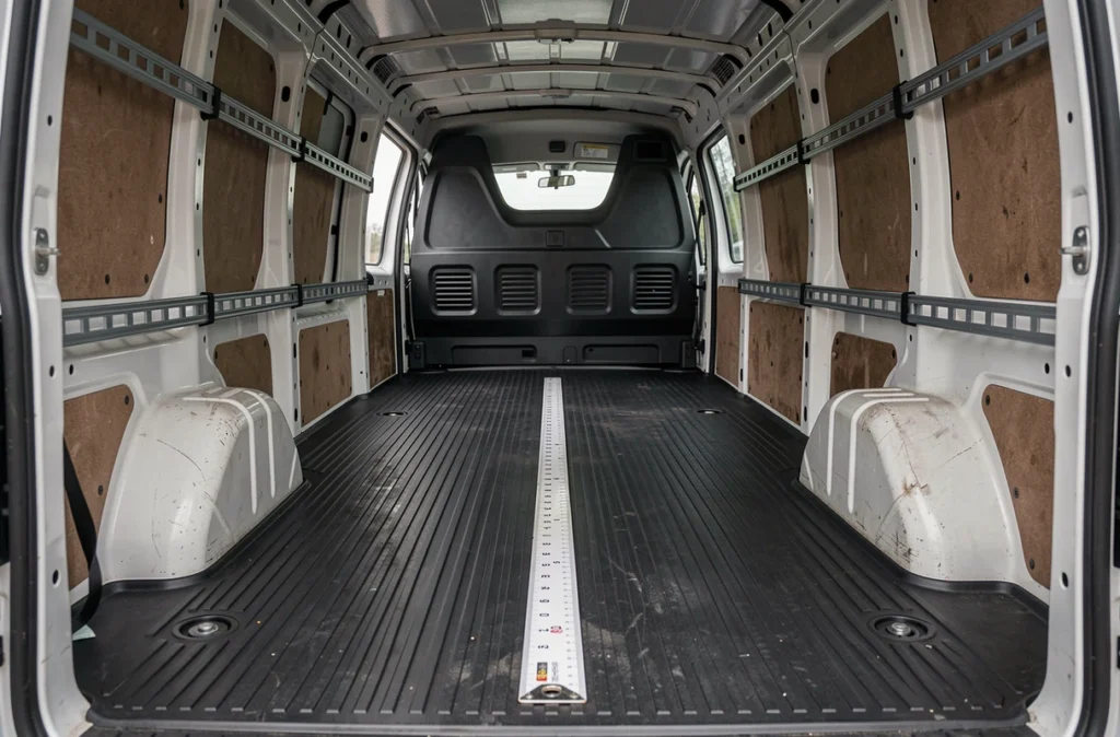 Intérieur de l'espace de chargement du Peugeot Expert avec rails d'arrimage et mètre ruban indiquant la longueur utile