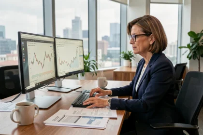 Femme professionnelle analysant des graphiques financiers pour évaluer un investissement dans une ancienne du net en 2026