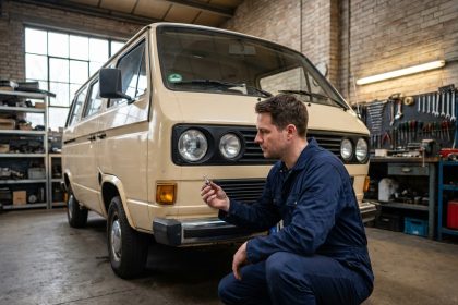 Mécanicien inspectant un phare de Volkswagen Transporter T3 dans un garage automobile