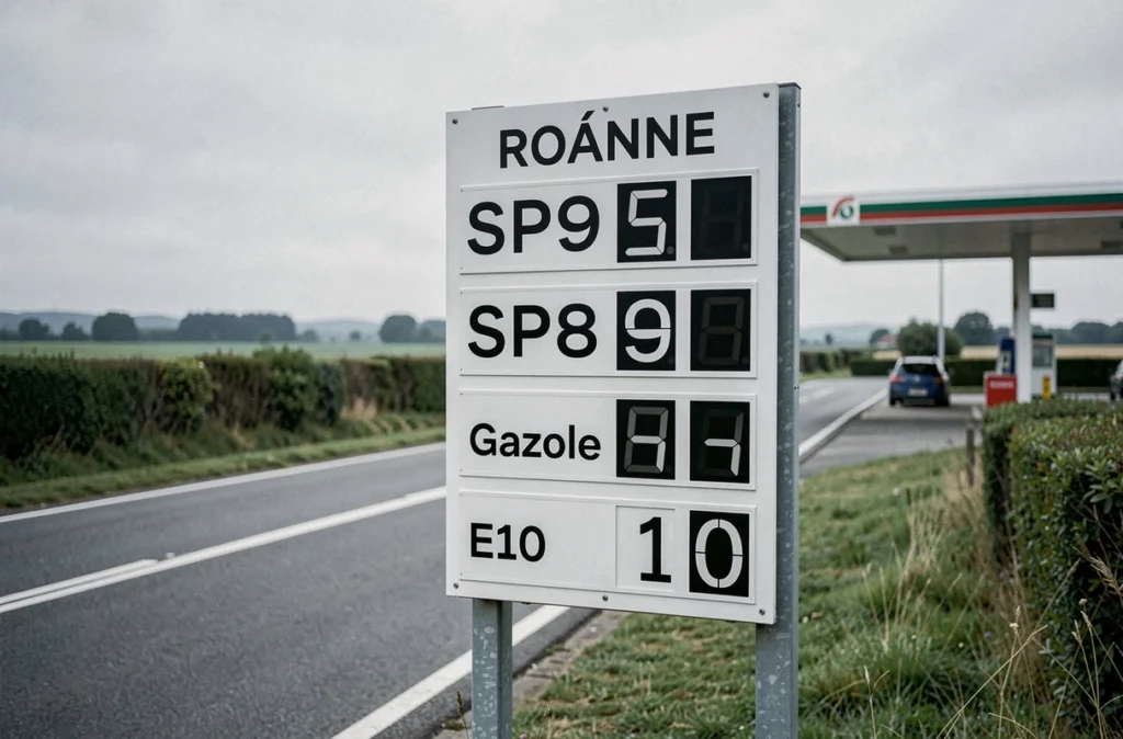 Panneau d'affichage des prix de l'essence et du gazole dans une station-service en périphérie de Roanne