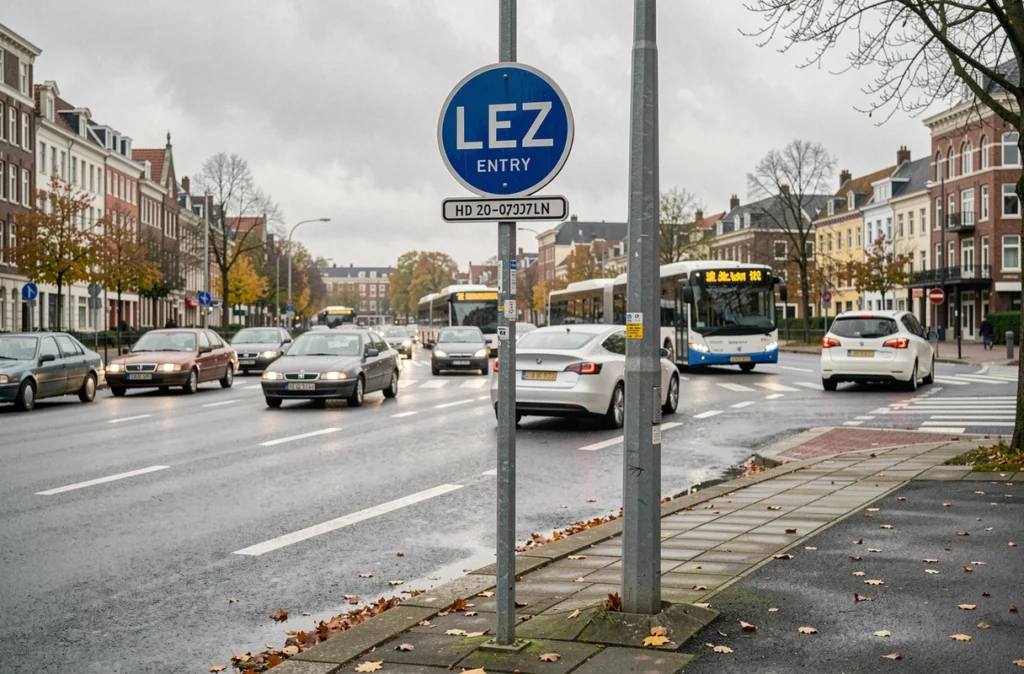 Panneau de zone de basse émission à l'entrée d'un boulevard de Bruxelles avec circulation automobile mixte