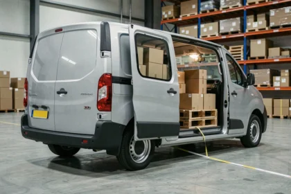 Peugeot Expert avec portes arrière ouvertes dans un entrepôt logistique, espace de chargement mesuré avec mètre ruban