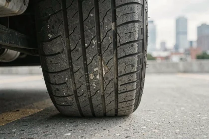 Pneu avant usé jusqu'aux témoins d'usure sur bitume urbain, illustrant la dégradation du freinage et de la tenue de route