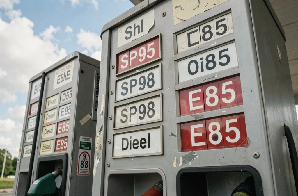 Affichage comparatif des prix des carburants dont le bioéthanol E85 sur une pompe de station-service en région rurale française