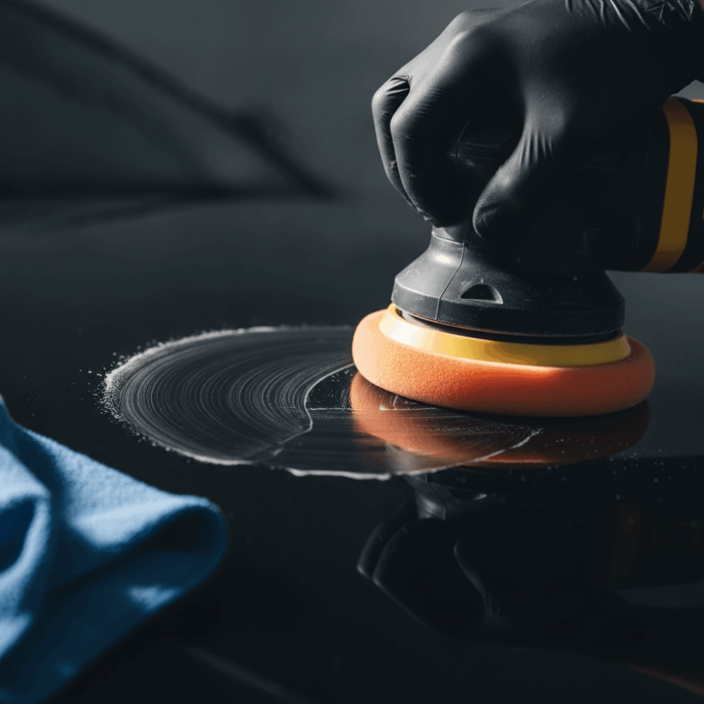 Gros plan sur technique de polissage professionnel avec polisseuse orbitale et disque mousse orange sur carrosserie noire brillante
