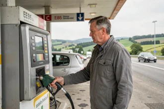 Automobiliste faisant le plein en carburant E85 dans une station-service française avec affichage du prix au litre