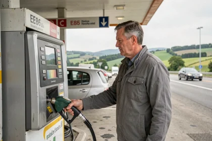 Automobiliste faisant le plein en carburant E85 dans une station-service française avec affichage du prix au litre