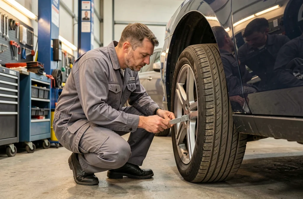 Technicien automobile mesurant la profondeur de sculpture d'un pneu avant dans un atelier, contrôle de l'état des pneumatiques