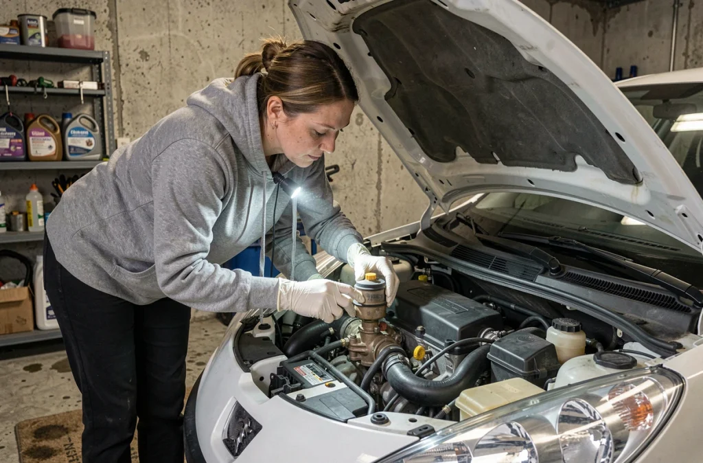 Femme inspectant la vanne de purge du canister sous le capot d'une Peugeot 207 pour vérifier le code P1445