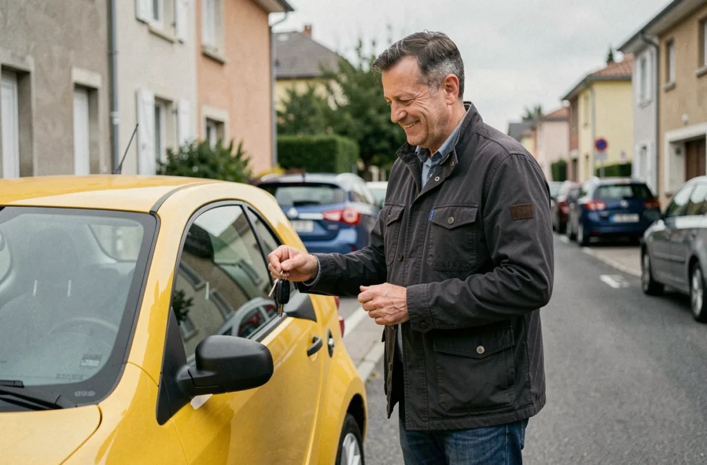 Homme de cinquante ans souriant à côté d'une microvoiture jaune dans une rue de Clermont-Ferrand