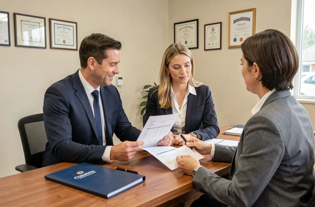 Agents d'assurance présentant un devis d'assurance auto professionnelle à un client en agence