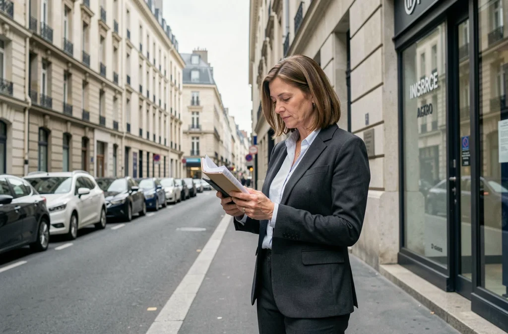 Femme devant une agence d'assurance tenant des documents relatifs à la réassurance moto après suspension de permis de conduire