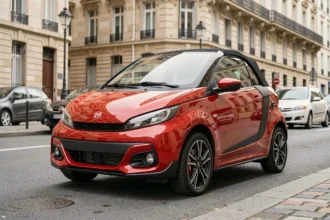 Aixam Coupé GTI rouge garé dans une rue urbaine française, vue grand angle mettant en valeur son design sportif compact