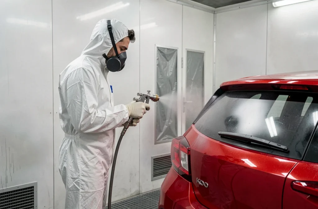 Carrossier spécialisé en peinture automobile appliquant une couche de peinture dans la cabine d'Allopeinture à La Garde