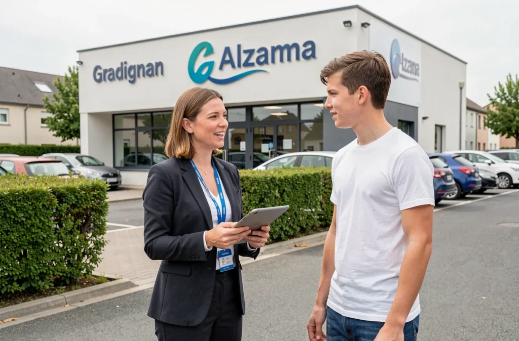 Monitrice de l'auto-école Alzama à Gradignan devant la façade de l'établissement avec un élève