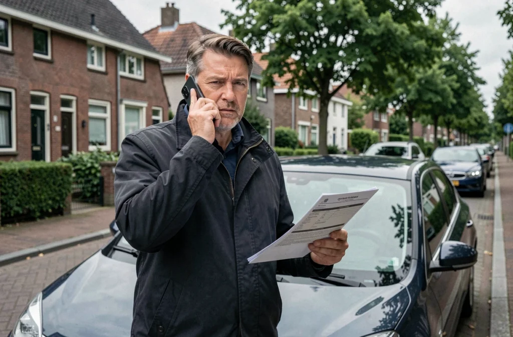 Homme téléphonant à son assureur depuis la rue après l'achat de son véhicule d'occasion