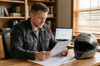Homme consultant des documents d'assurance moto après une suspension de permis, assis à un bureau avec un casque de moto posé à côté de lui