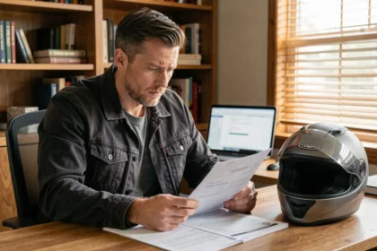 Homme consultant des documents d'assurance moto après une suspension de permis, assis à un bureau avec un casque de moto posé à côté de lui