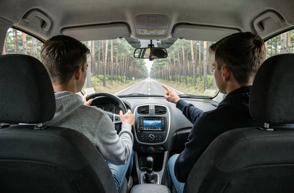 Élève en leçon de conduite avec l'auto-école du Barp sur une route forestière entourée de pins des Landes