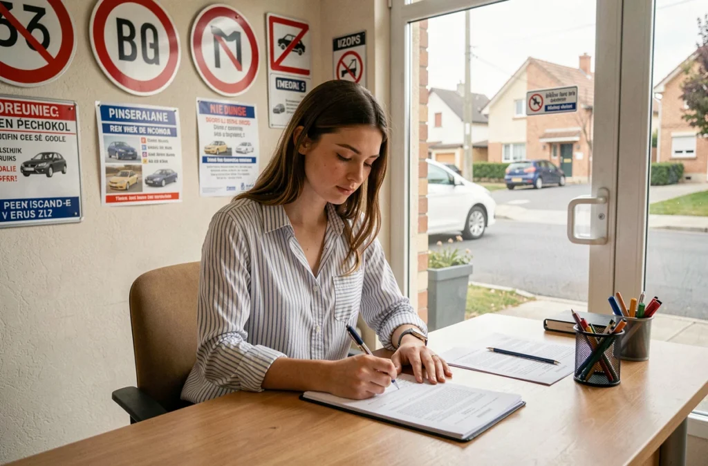 Jeune femme s'inscrivant à l'auto-école d'Izon dans le bureau d'accueil décoré de panneaux de signalisation