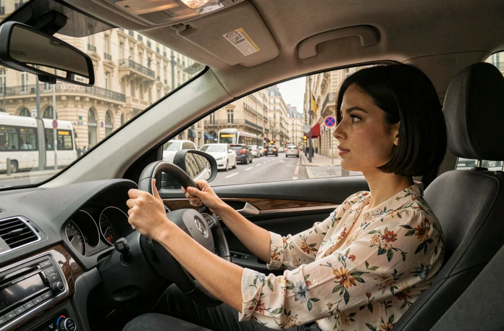 Élève de l'auto-école La Victoire à Bordeaux vérifiant ses rétroviseurs sur un boulevard urbain avec les bâtiments haussmanniens en arrière-plan