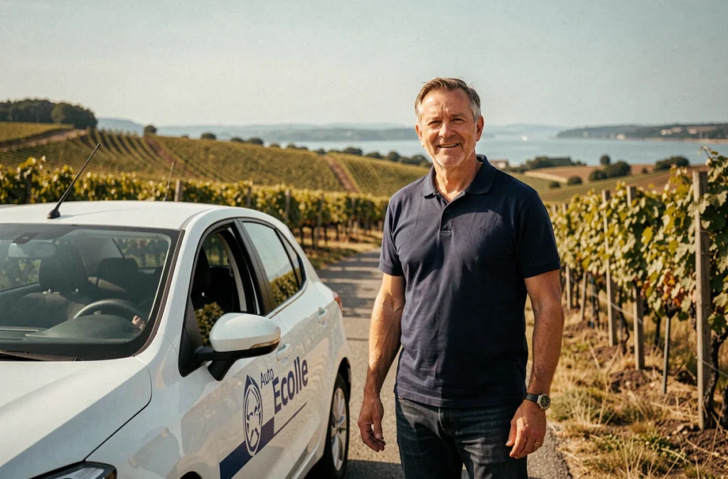 Moniteur de l'auto-école Médoc Conduite à Pauillac devant un vignoble du Médoc avec une voiture d'auto-école