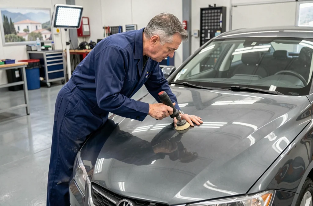 Technicien effectuant un débosselage professionnel sur une carrosserie chez Bendix Carrosserie sur la Côte d'Azur
