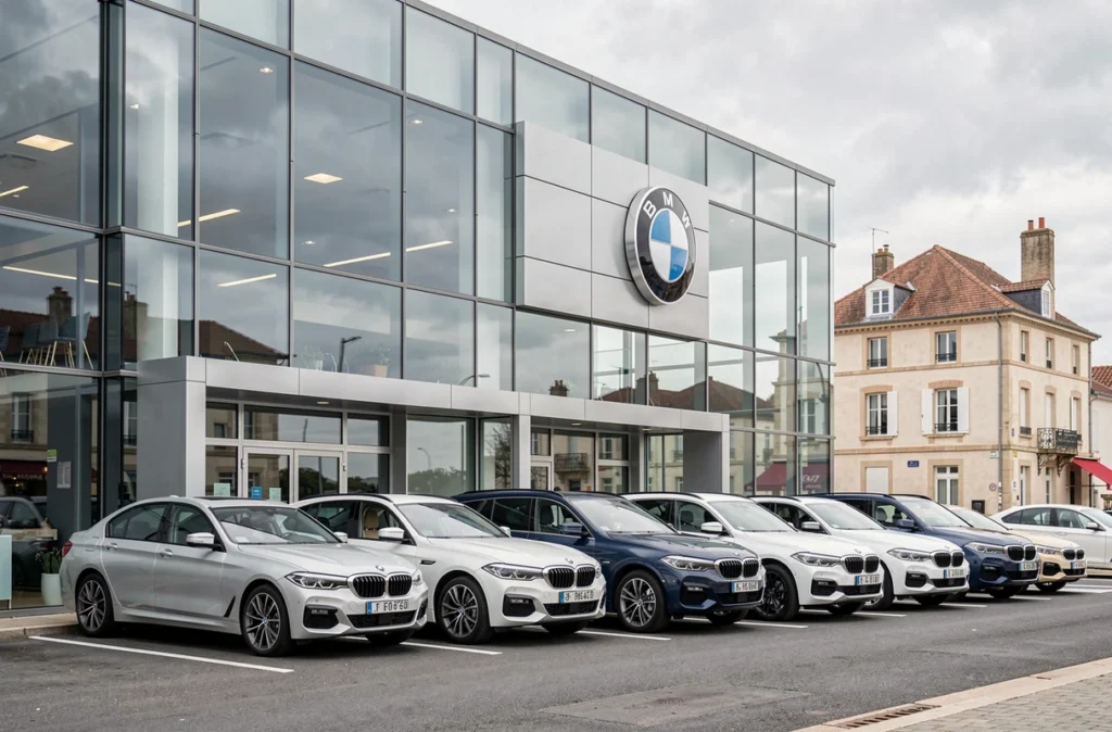Façade extérieure du concessionnaire BMW La Rochelle Cormier avec rangée de véhicules premium devant le bâtiment moderne