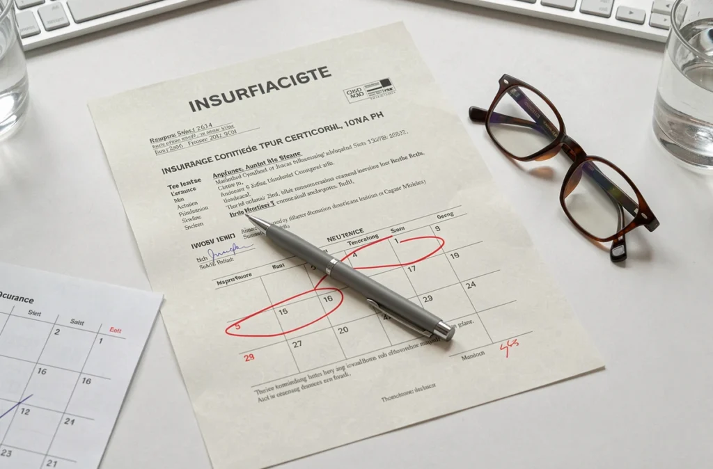 Vue aérienne d'un bureau avec certificat d'assurance, calendrier et stylo illustrant les délais pour effacer un malus auto
