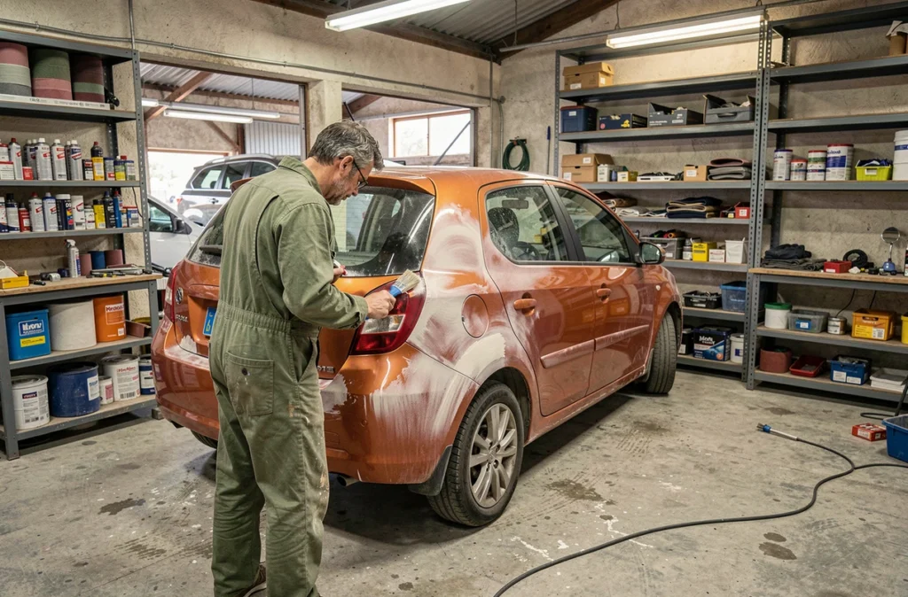 Atelier polyvalent de Carrosserie Colaianni dans le Var avec un technicien appliquant du mastic sur une carrosserie